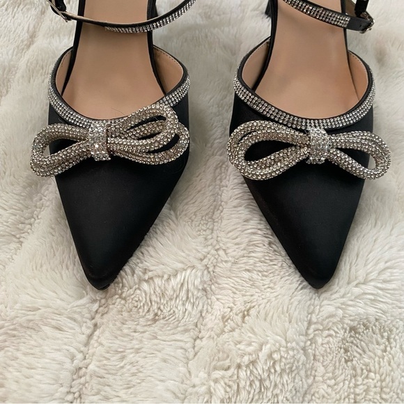 Nwob Rhinestone Bow Pointy Toe Satin Heels Black Silver Size 10 - Picture 6 of 16